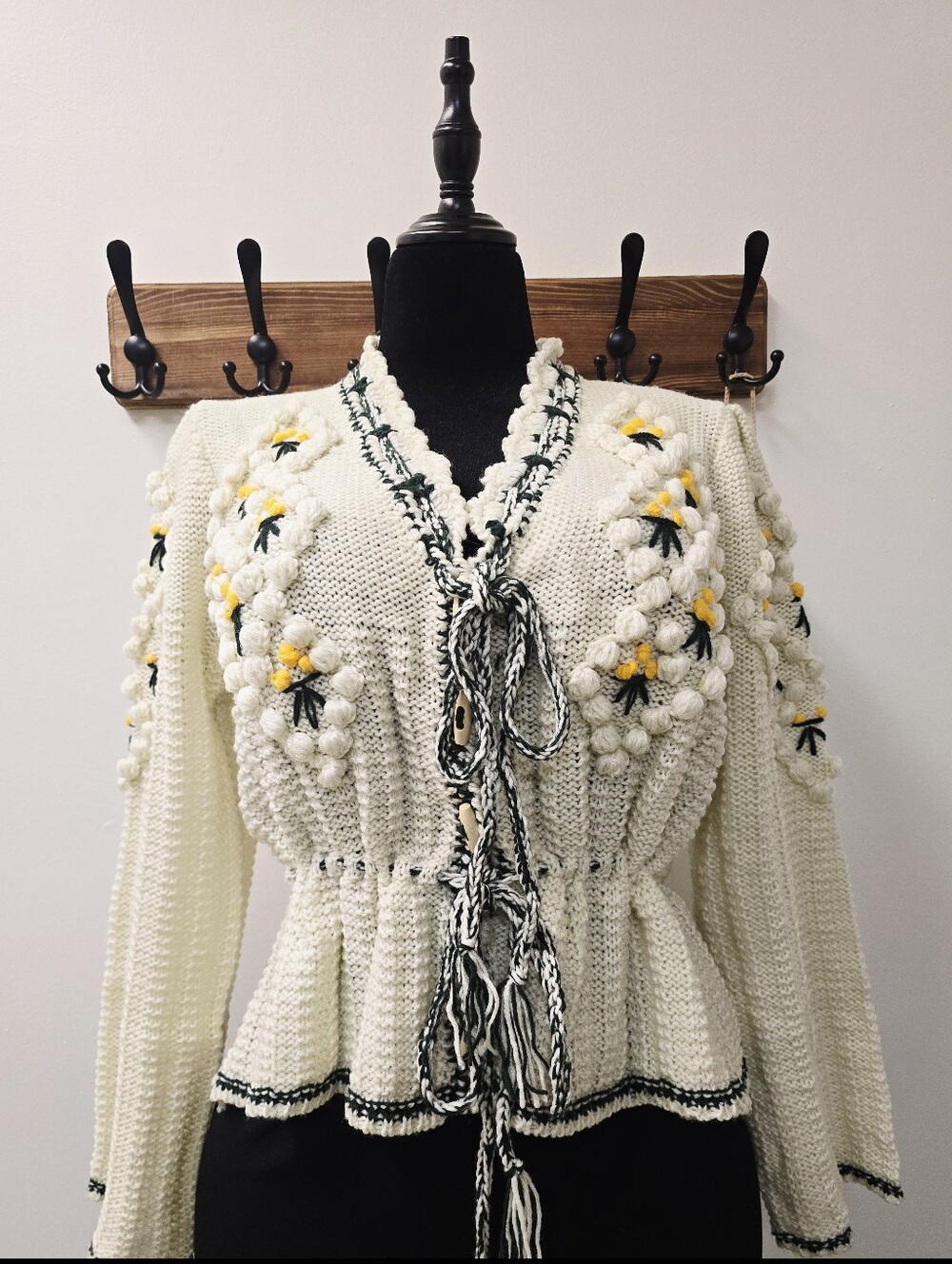 POL Floral Bobble Knit Front Tie Cardigan Heart Detail Cream